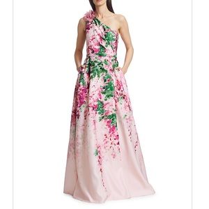 Marchesa Notte Floral Ruffle One-Shoulder Gown